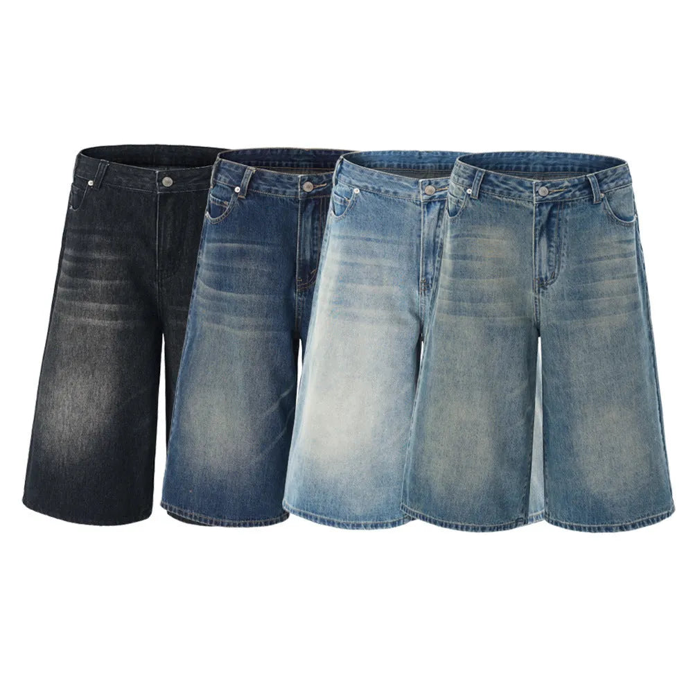 Men's light blue loose-fit cropped denim shorts with a straight leg on a neutral background.