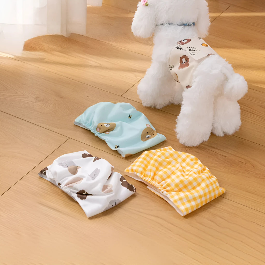 Cartoon bone paw print reusable dog nappy belly band with elastic waistband and fastener tape