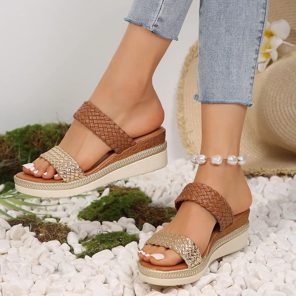 Gold metallic wedge sandals for women with PU upper and rubber sole