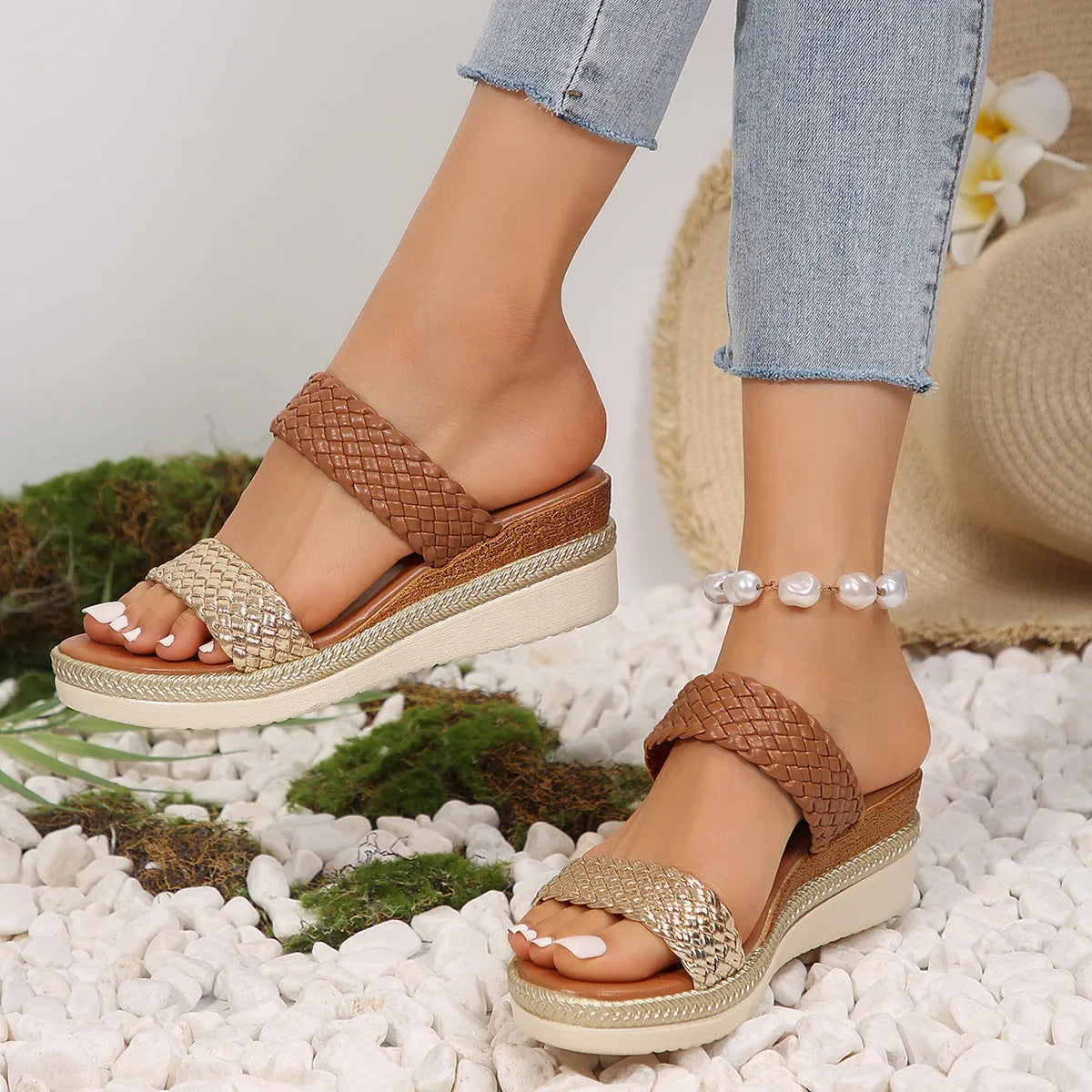 Gold metallic wedge sandals for women with PU upper and rubber sole