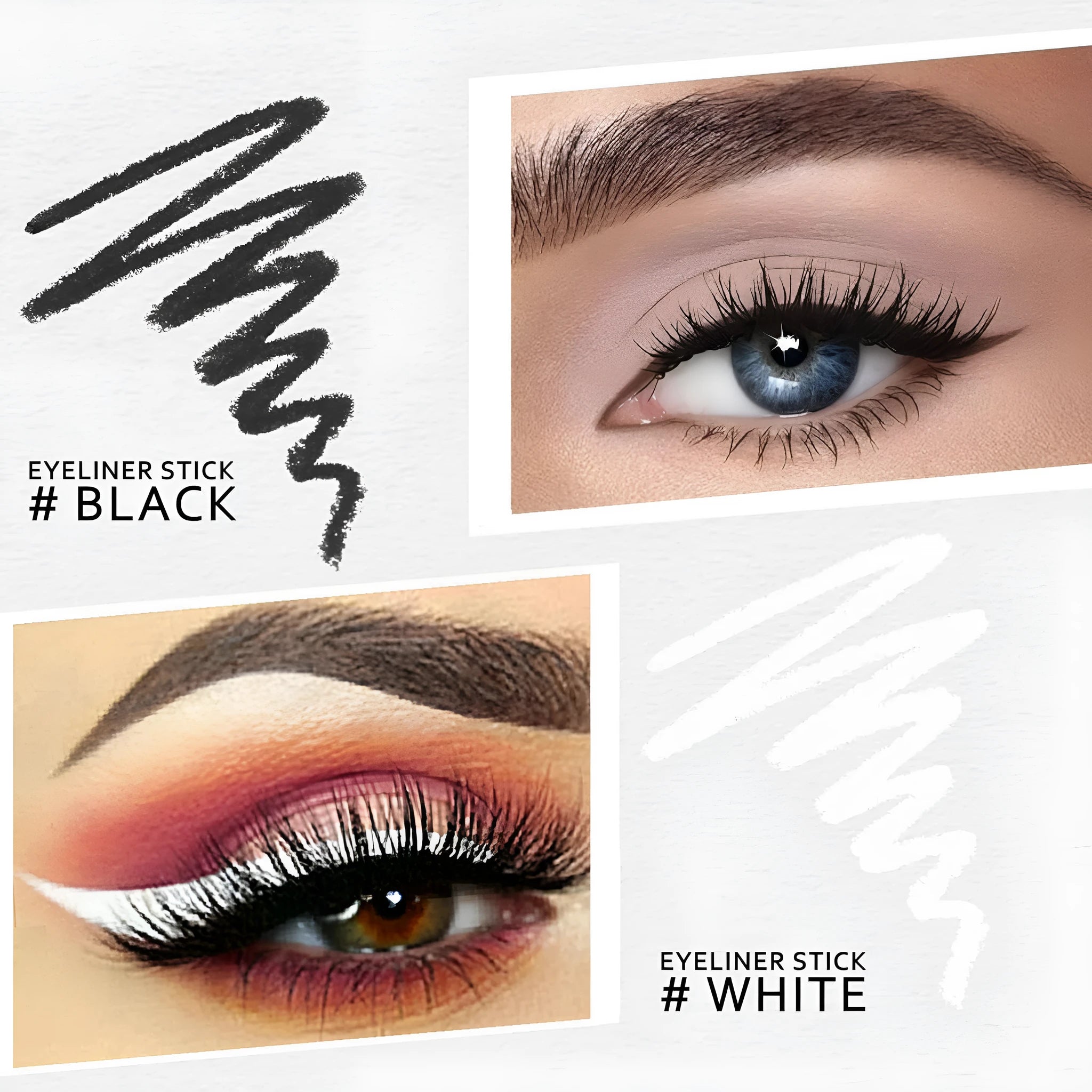 12 white and black retractable eyeliner pencils with a sharpener for waterproof makeup application.