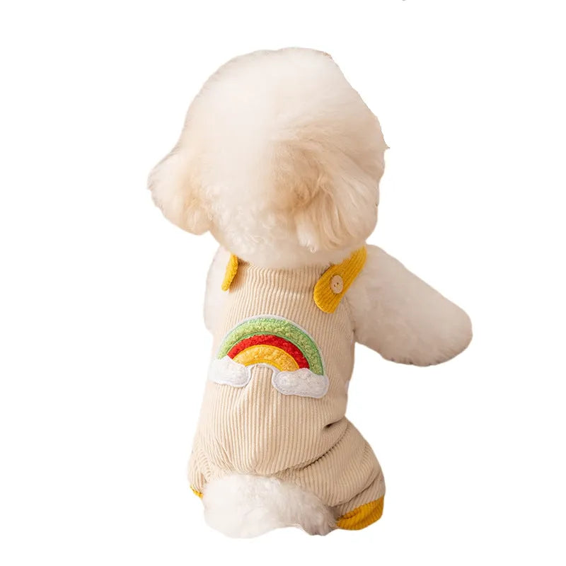 Dog jumpsuit in corduroy fabric with rainbow print, beige and brown options, for small dogs autumn winter