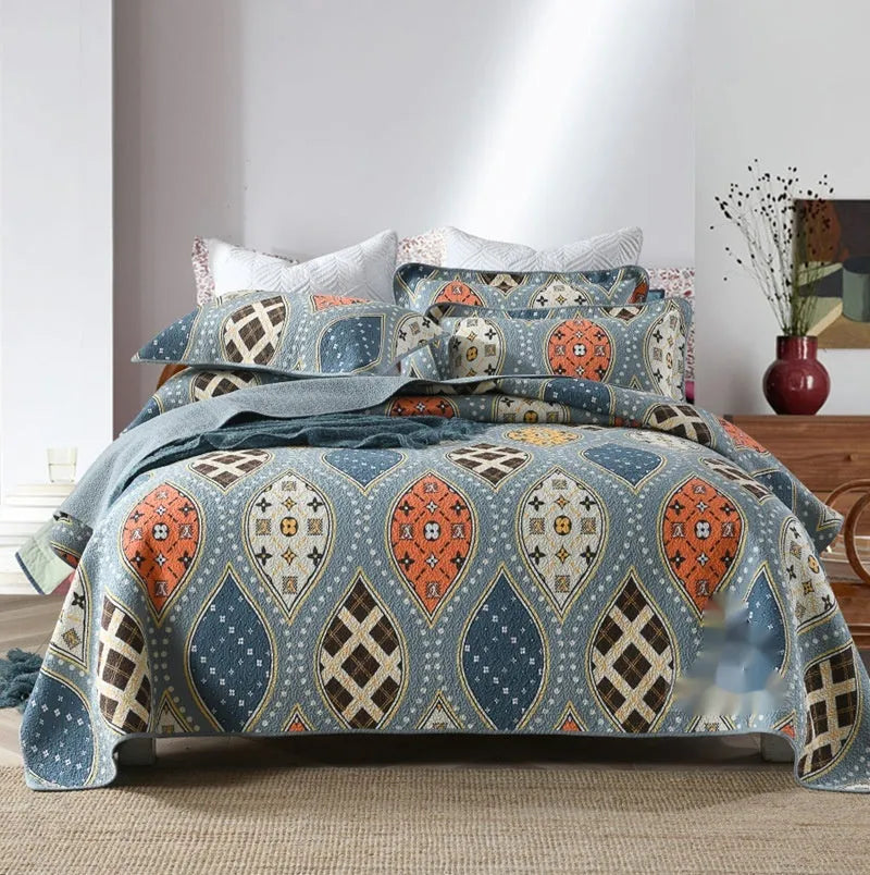 Pure cotton bedspread three-piece set with geometric print pattern showing bed cover and pillowcases