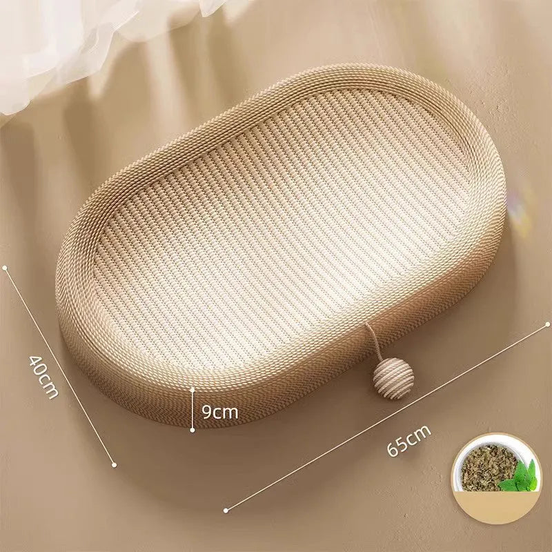 Large natural sisal cat scratching board with integrated lounging platform.