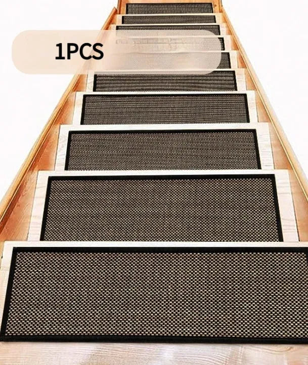 Japanese-style linen-look stair mat in camel colour on a wooden step, showing rubber bottom.