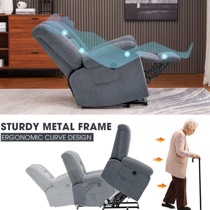 Electric massage recliner in blue upholstery with wooden frame and remote control
