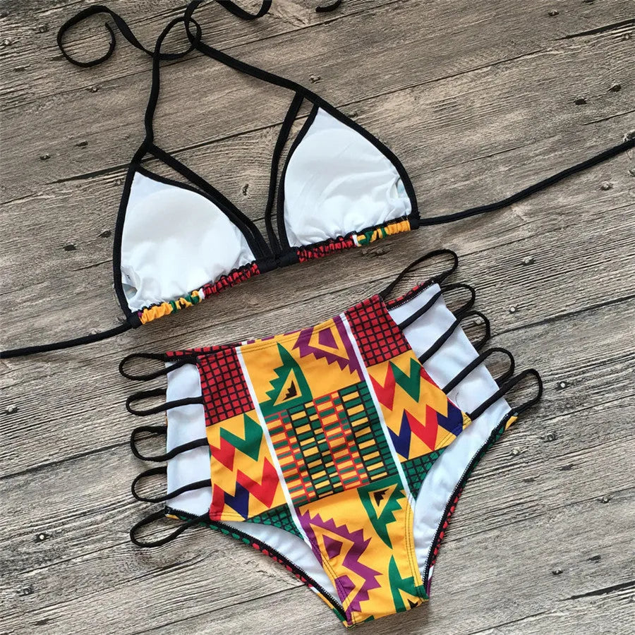 Women's high-waisted digital print bikini swimsuit with backless design