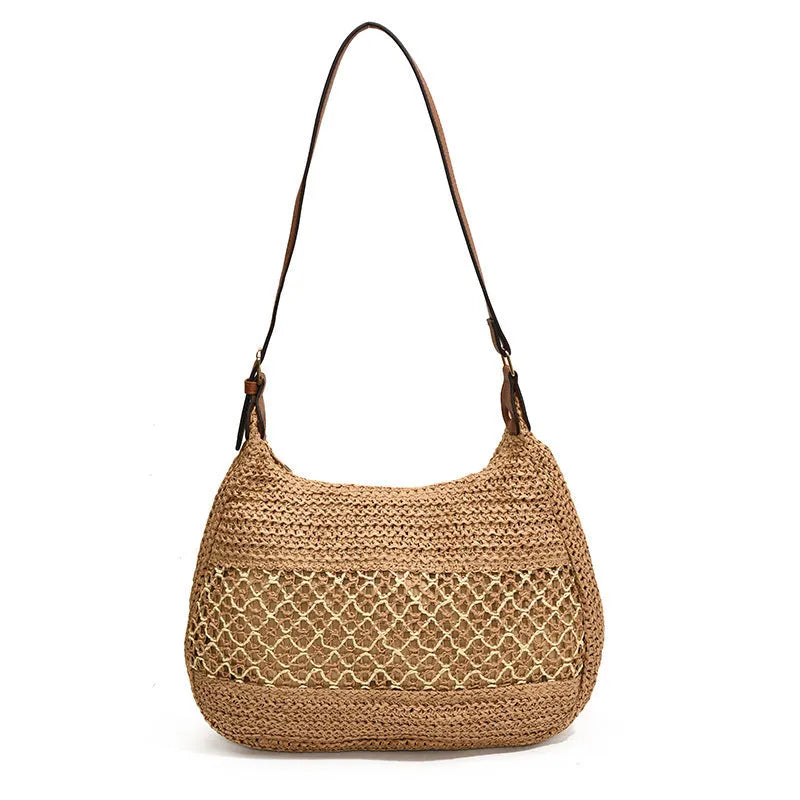 Women's khaki straw cross body bag with sandwich pocket and horizontal square shape