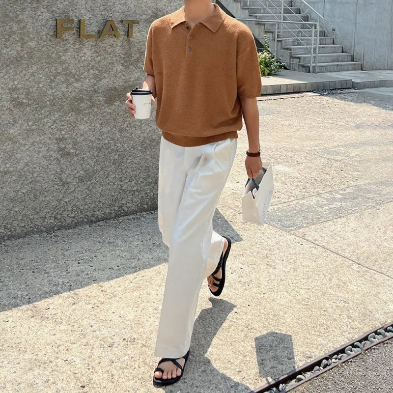 Men's retro knitted polo shirt in caramel colour with short sleeves and asymmetric design details