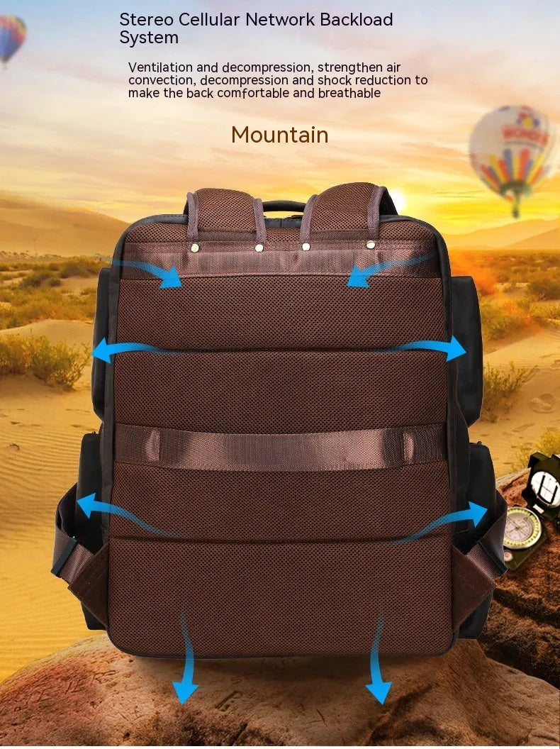 Dark brown leather men's backpack for 17-inch laptops with multiple compartments