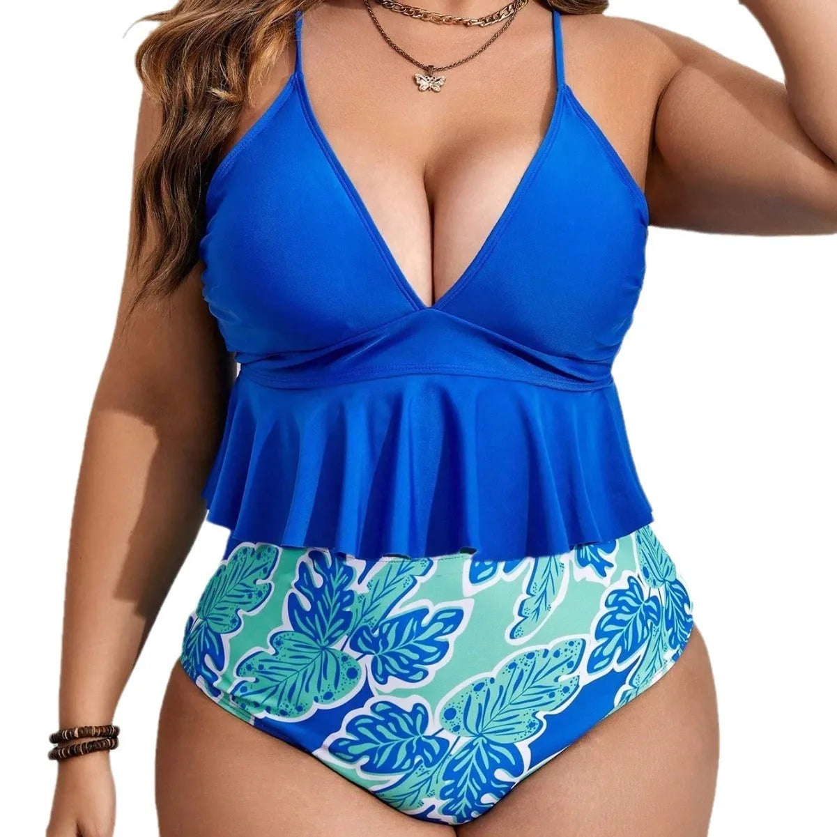 Blue two-piece bikini swimsuit with briefs bottoms, shown in extended sizes for European and American fitting.