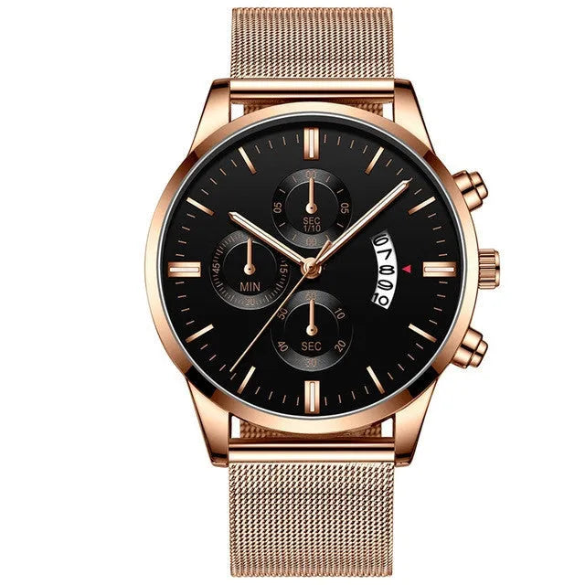 Men's stainless steel quartz watch with mesh band and two-tone case on wrist