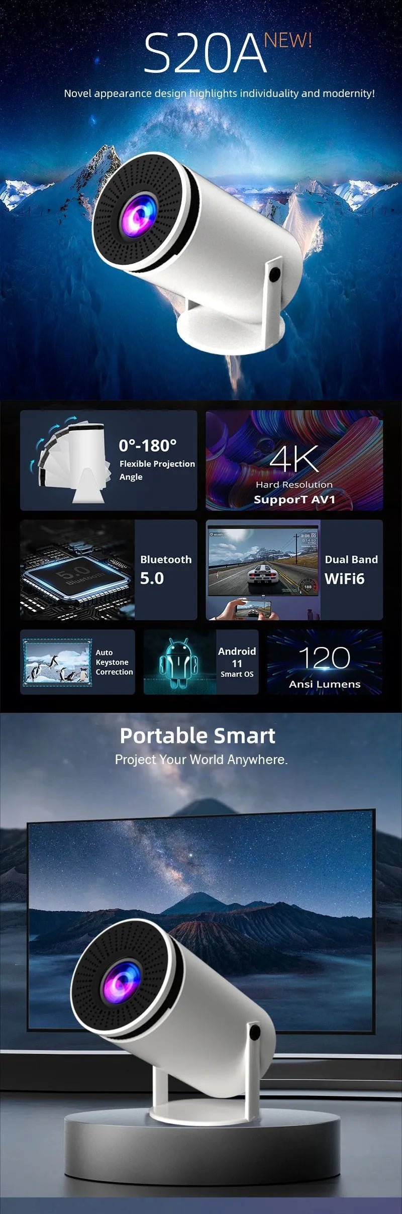 White barrel-shaped Hy300 smart projector with 720p 120ANSI resolution for home cinema
