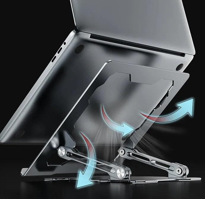 Adjustable aluminum laptop stand in grey colour showing folding design and hollow construction