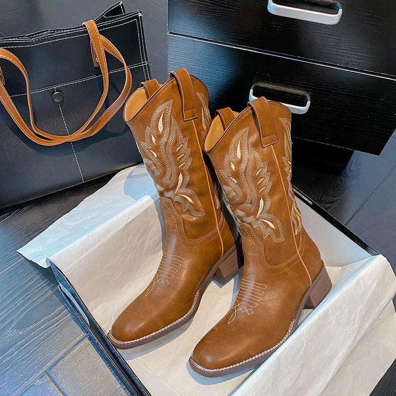 Brown women's mid-calf Martin boots with embroidery pattern and square heel