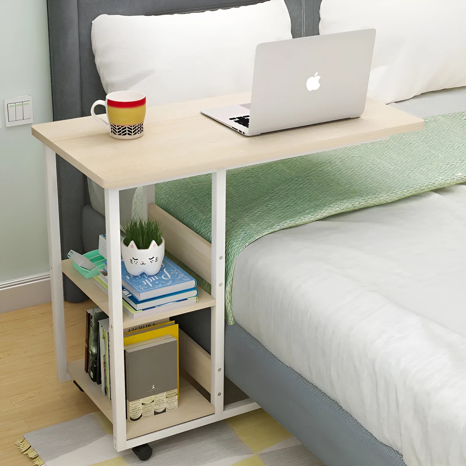 Portable bedside table in 60cm Niameine walnut colour, plate material, modern simple style, on a bedroom floor.