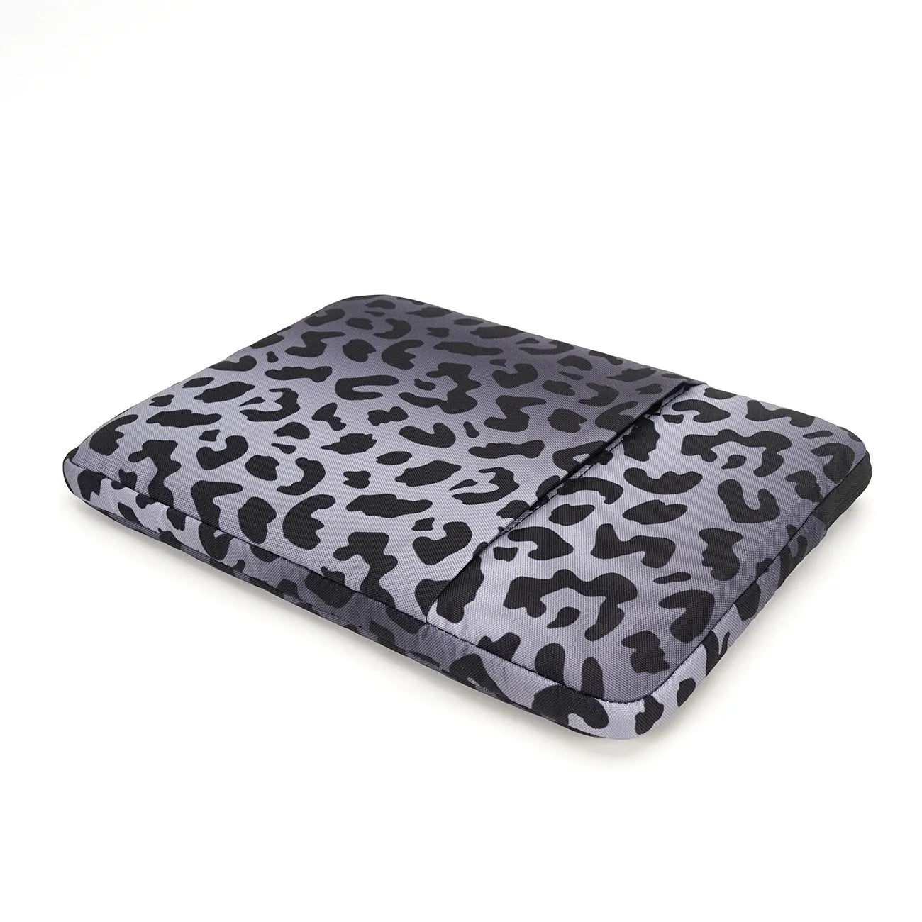 Leopard print laptop sleeve with waterproof polyester exterior and protective flannel lining