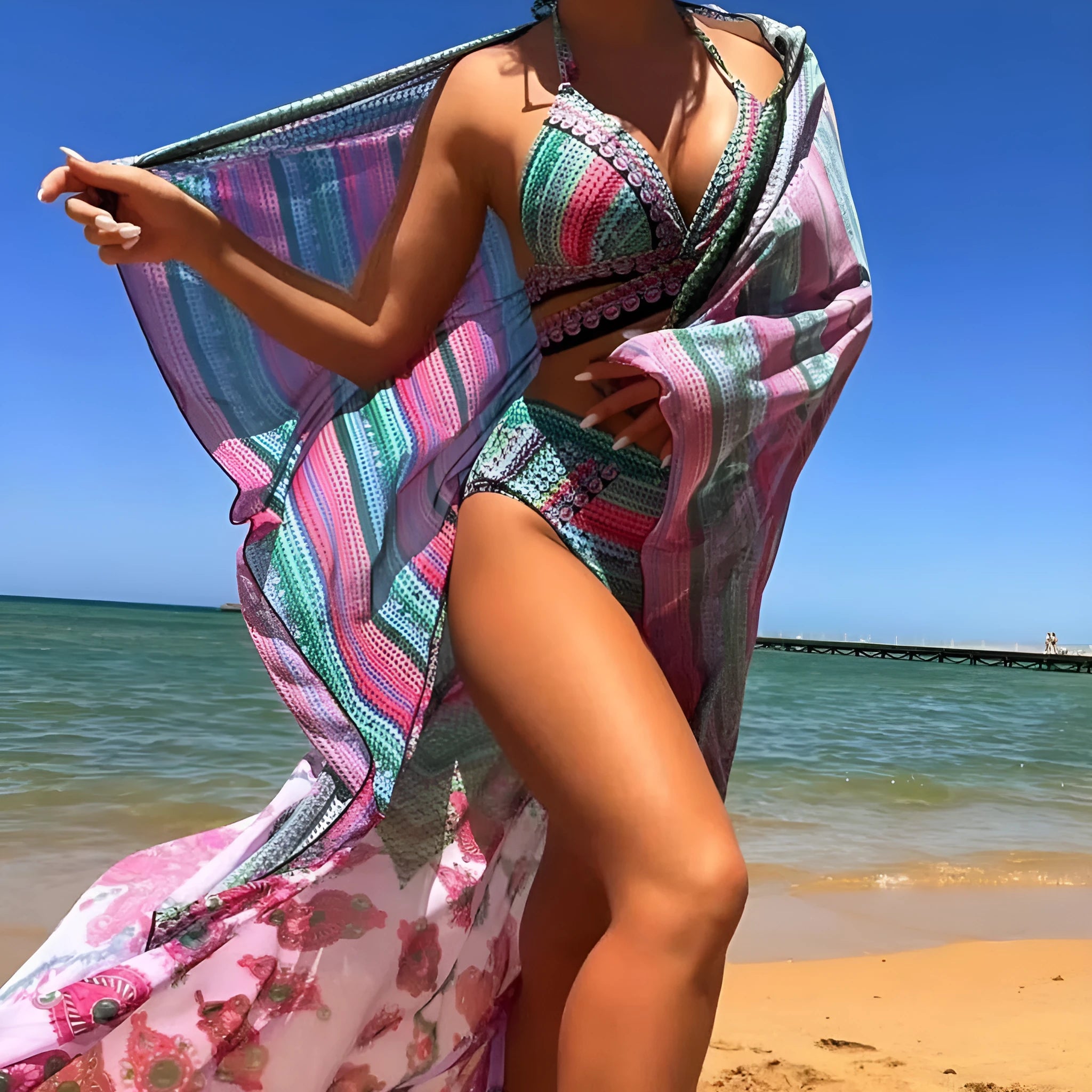 Women's blue cross bandage swimsuit three-piece set showing smock, bra, and high-waist panties