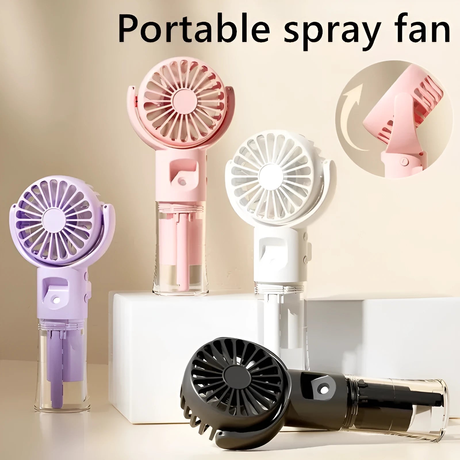 Portable handheld spray fan with transparent water tank and four-speed mist function in black colour