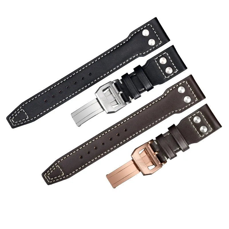 Portuguese Fire Jet genuine leather watch band strap in black with silver buckle, 20mm width