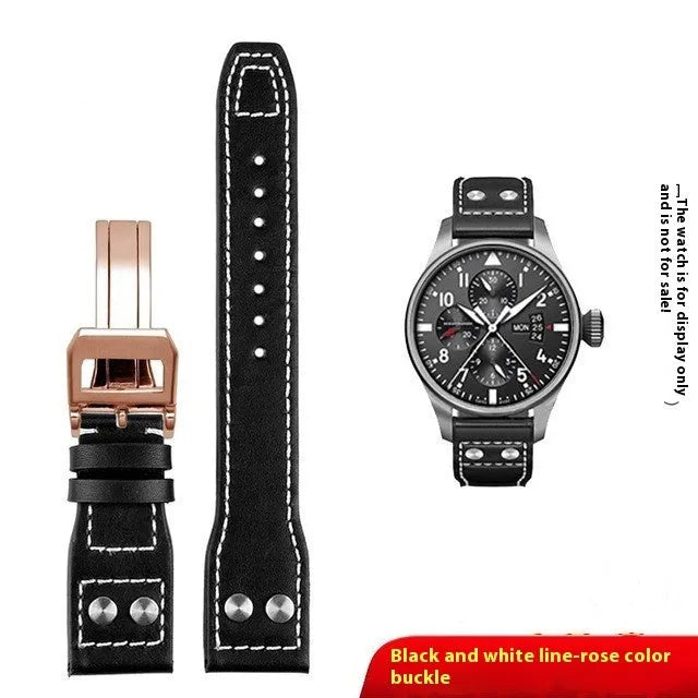 Portuguese Fire Jet genuine leather watch band strap in black with silver buckle, 20mm width