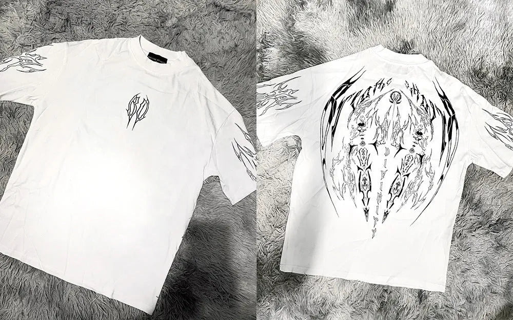 Dark style loose fit plus size cotton short-sleeved t-shirt on a hanger, showing gilding detail.
