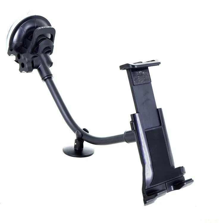 Black vehicle-mounted tablet holder with adjustable 4-12 inch arm and suction cup mount