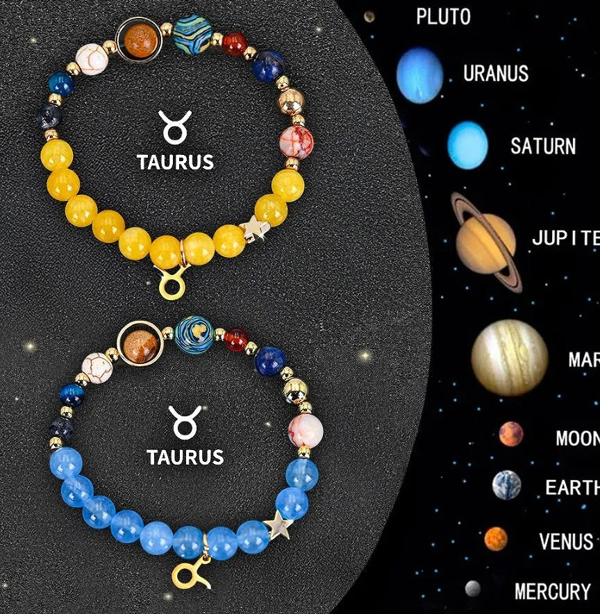 Set of two natural stone beaded bracelets representing zodiac signs from a twelve-style collection.