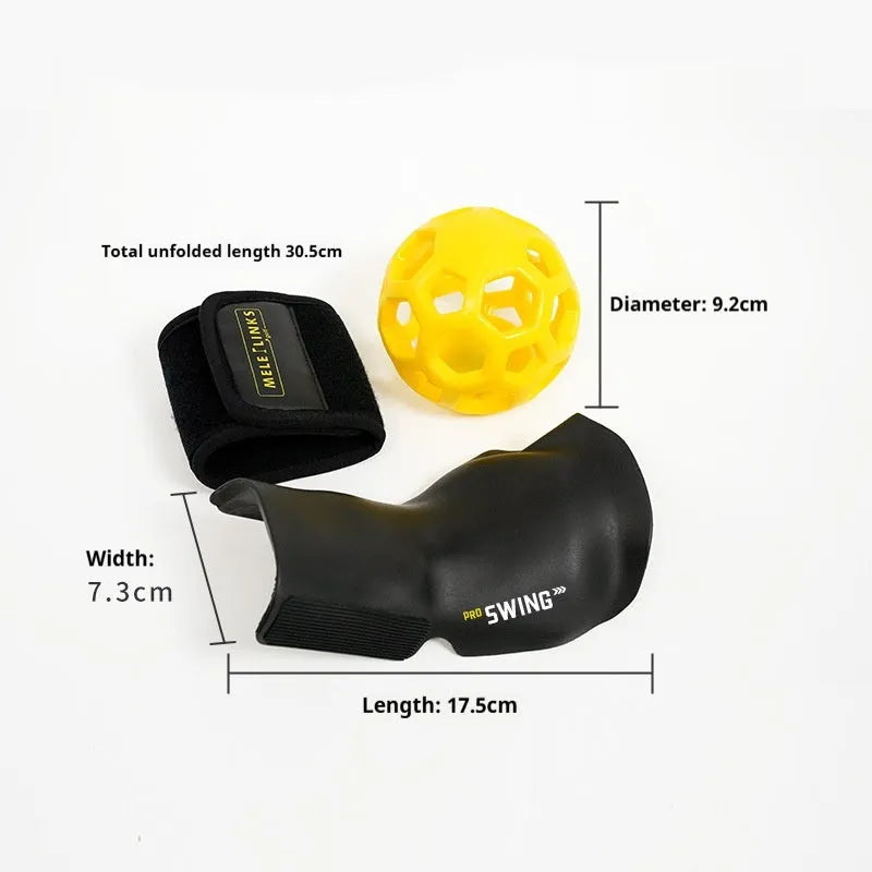 Golf swing trainer arm bracket wrist holder with PU foam fabric suit and green ball on white background