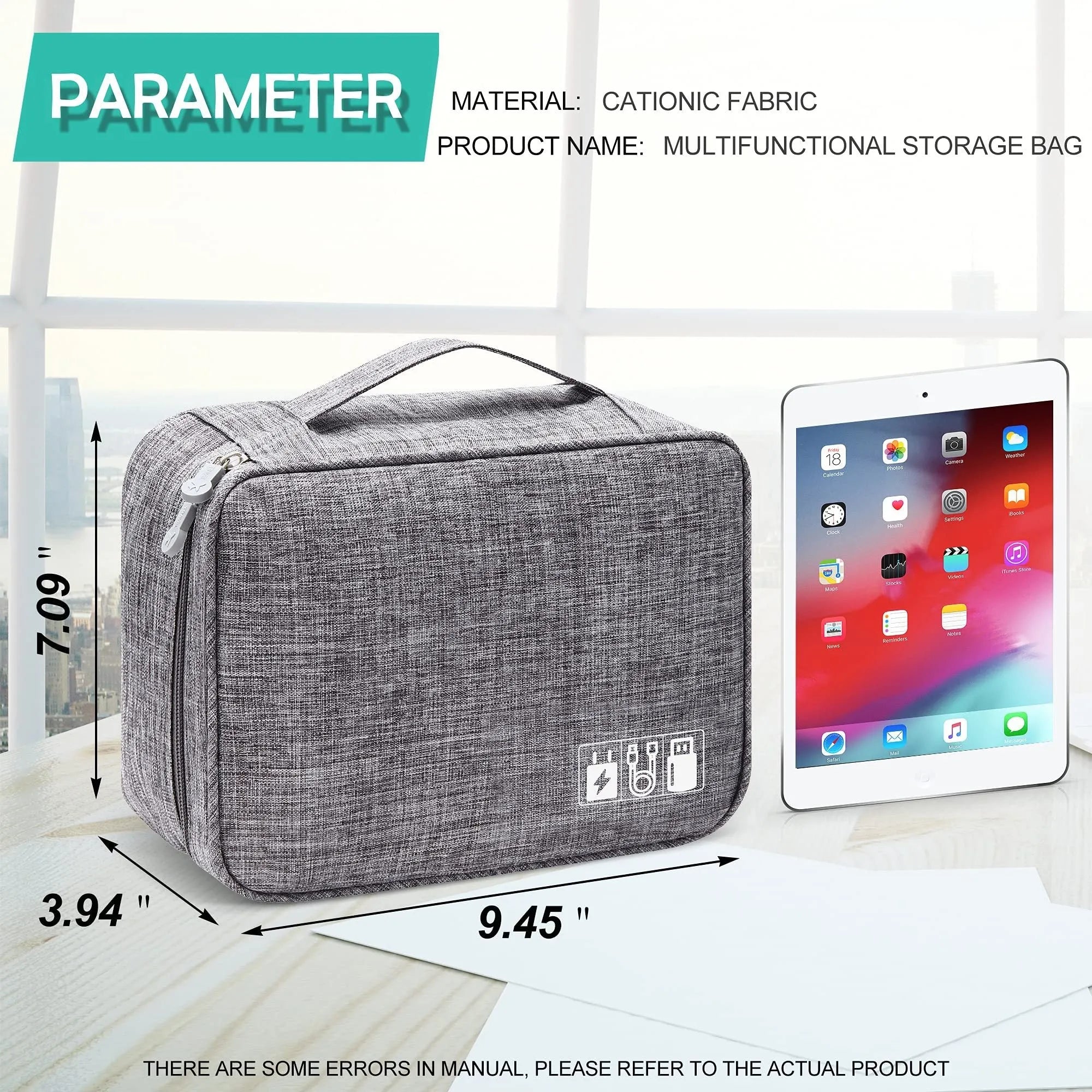 Black waterproof electronics organiser bag open, showing mesh pockets, elastic loops and removable dividers.
