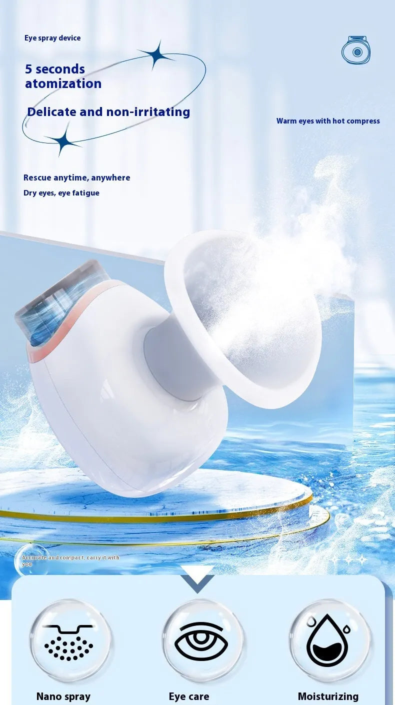 White and purple portable eye humidifier with charging cable and English manual