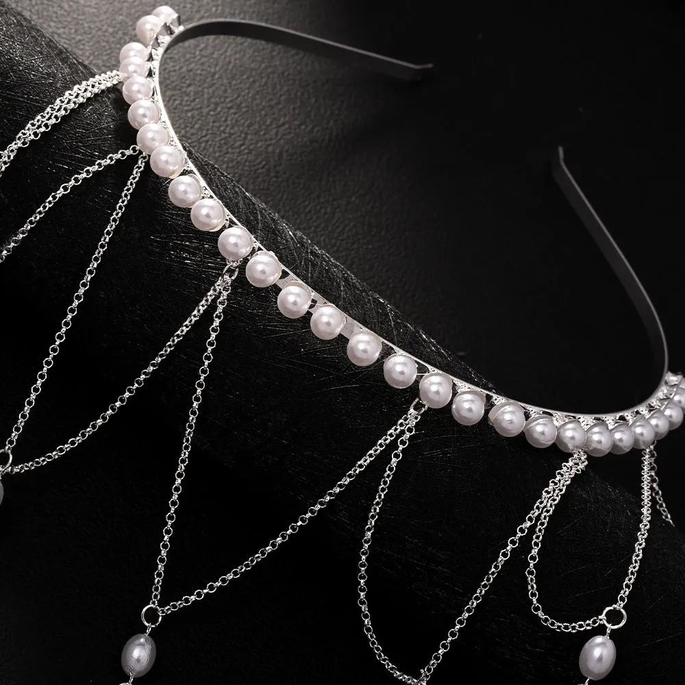 Gold electroplated mesh hair chain with pearl decoration and tassel detail for women