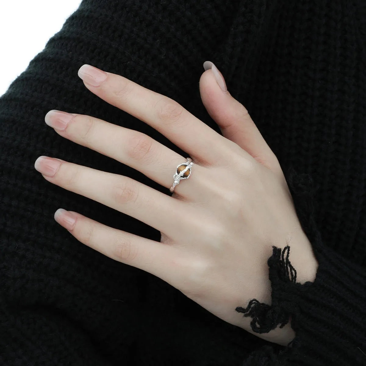 Adjustable opening Saturn ring in white gold colour electroplated silver with tigereye design