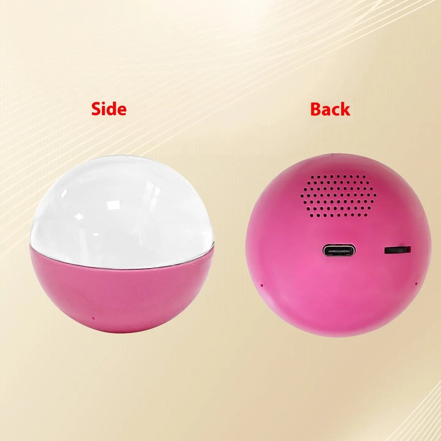 Electronic ball video player with round screen in multiple colour options showing Type-C charging port