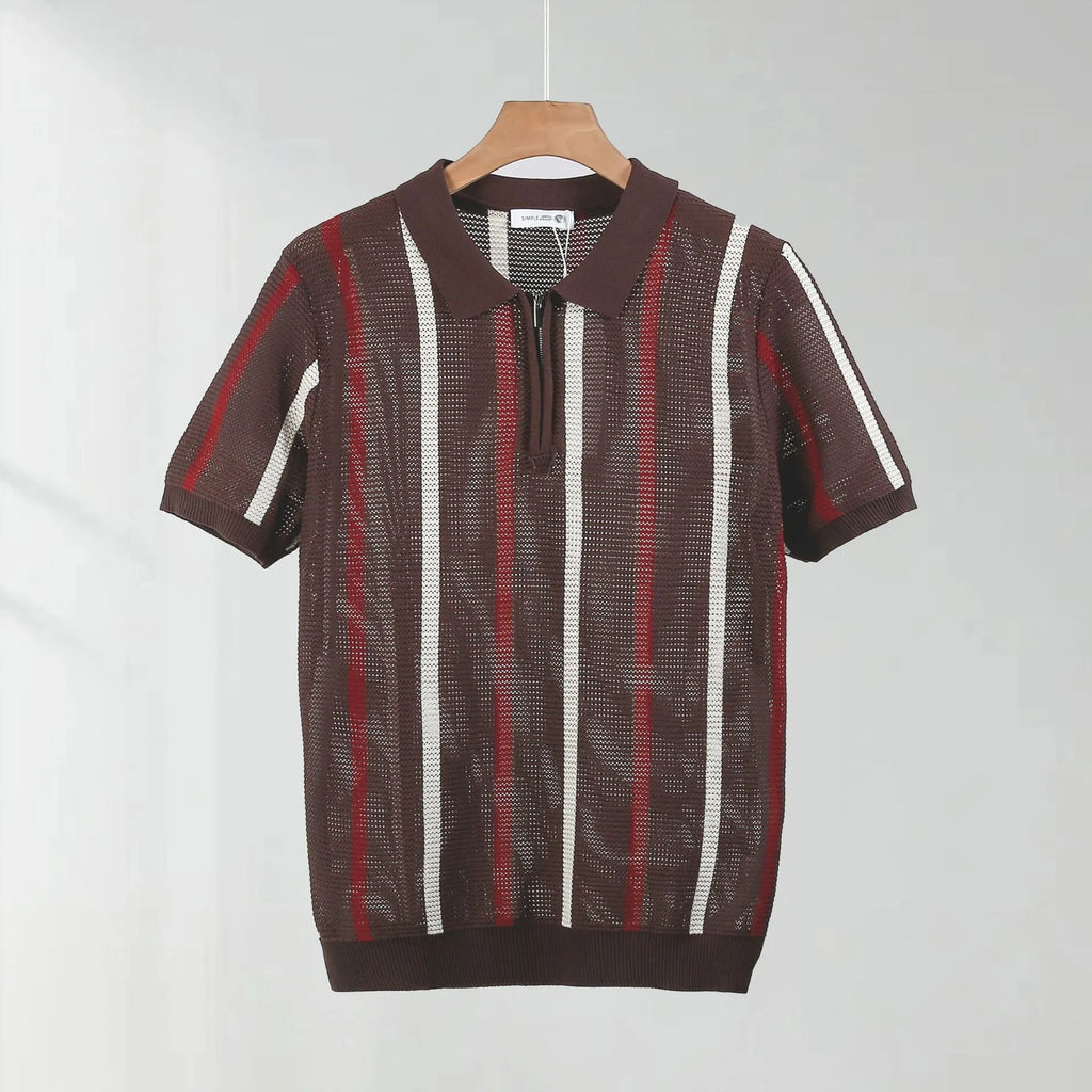 Men's black mesh polo shirt with chest zipper detail on hanger