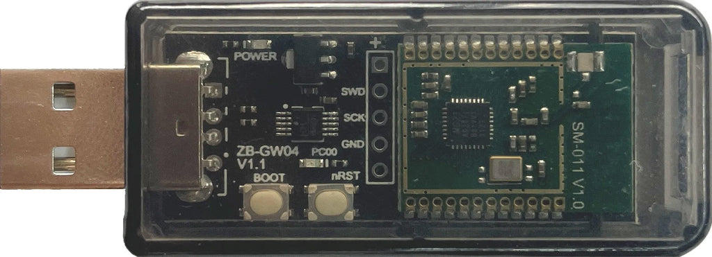 Silicon Labs EFR32MG21 Zigbee USB dongle with plastic shell and PCB antenna