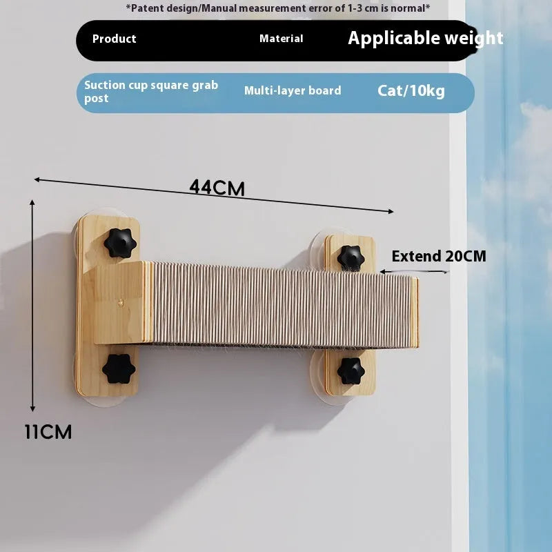 Space capsule cat scratching post mounted on wall with sisal scratching surface