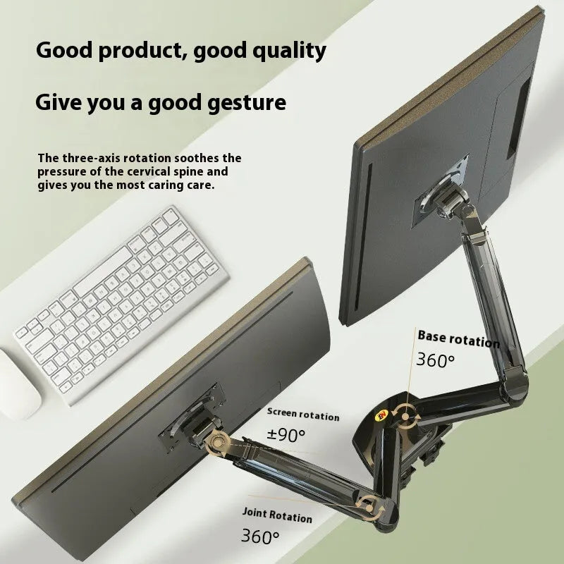 Aluminium alloy dual monitor desktop bracket in gun black colour, showing two adjustable arms for screens.