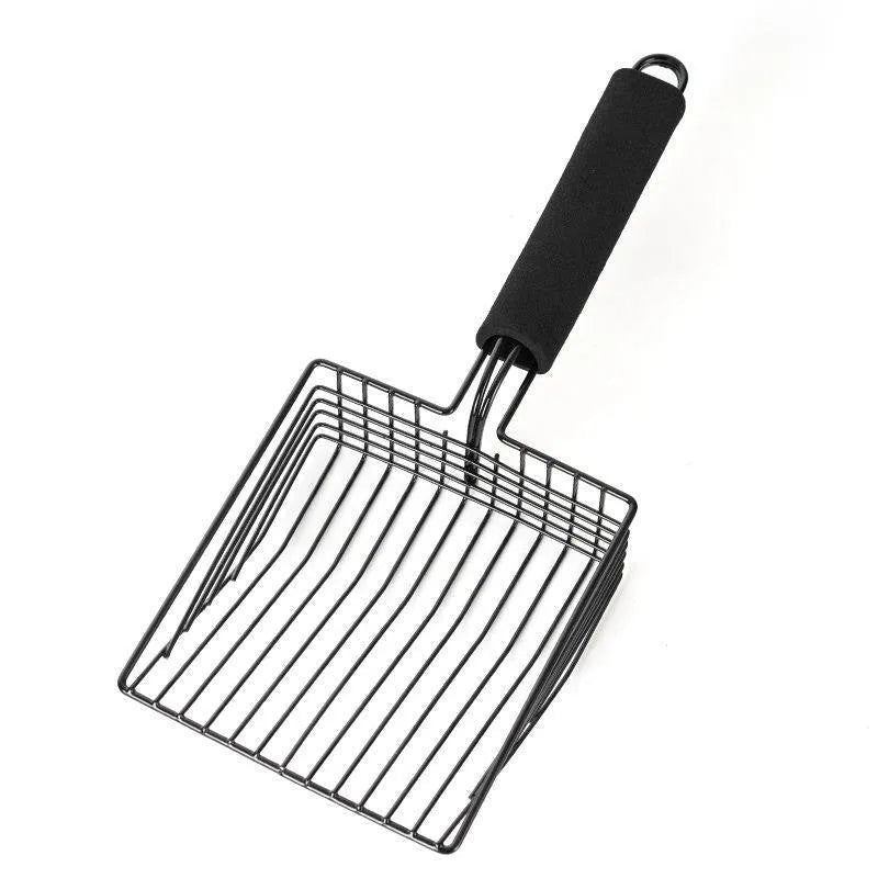 Black metal cat litter scoop with 0.8cm gaps between perforations