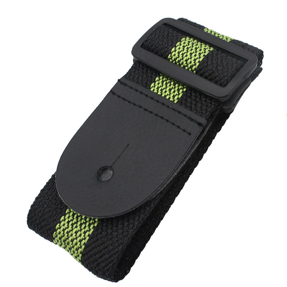 Woven stripe crossbody guitar strap in army green, compatible with guitars and ukuleles