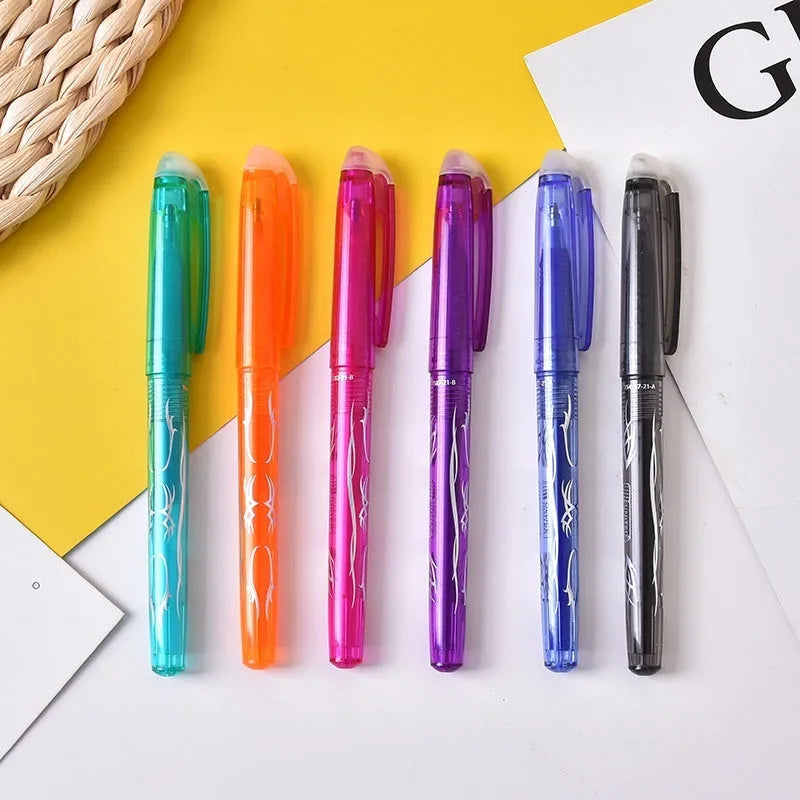 A set of heat-erasable gel pens with plastic bodies and stainless steel nibs, showing 0.5mm and 0.7mm options.