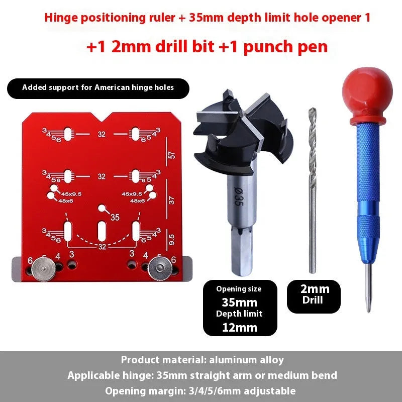 Red aluminium alloy hinge locating rule with adjustable margin settings for 35mm cabinet hinges.
