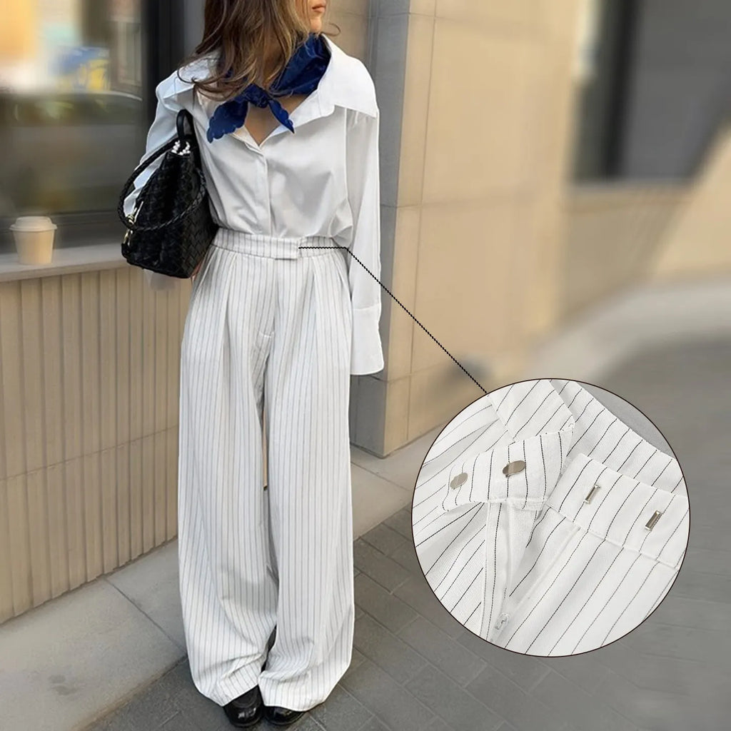 White striped wide-leg commuting trousers with front zipper detail and loose fit