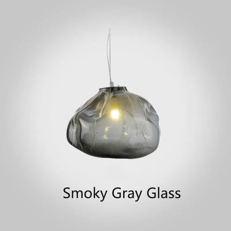 Postmodern light luxury glass chandelier in clear, amber, or smoke grey, showing 200mm and 300mm size options.