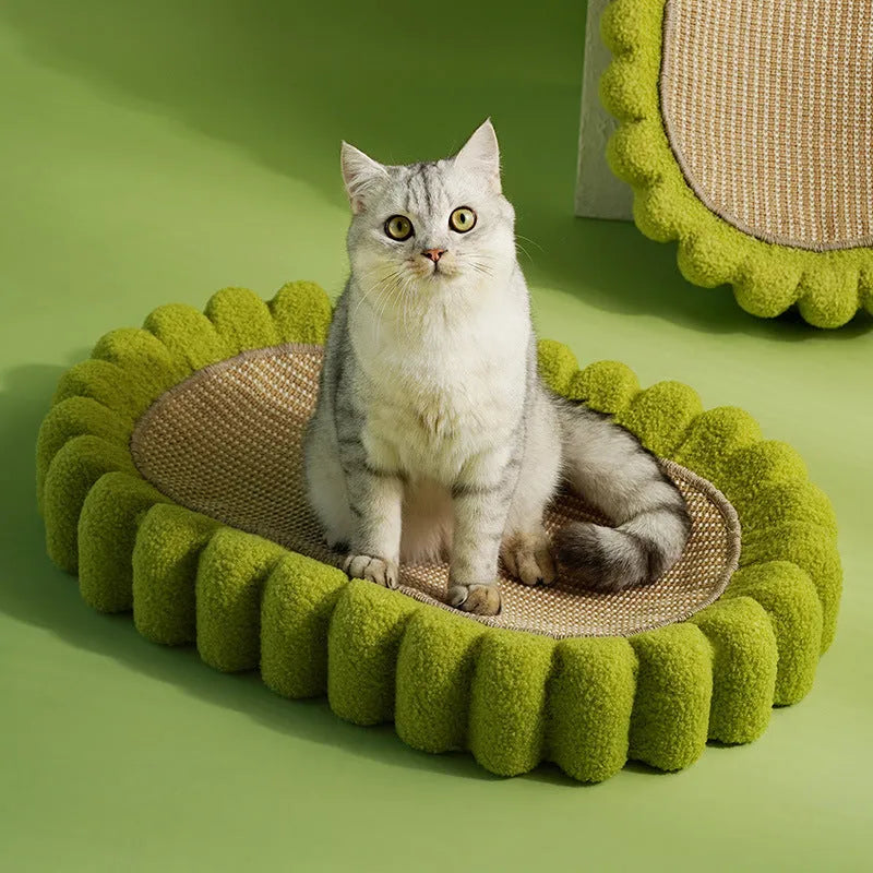 Green oval cardboard cat scratching pad with sisal surface, serving as a cat bed.