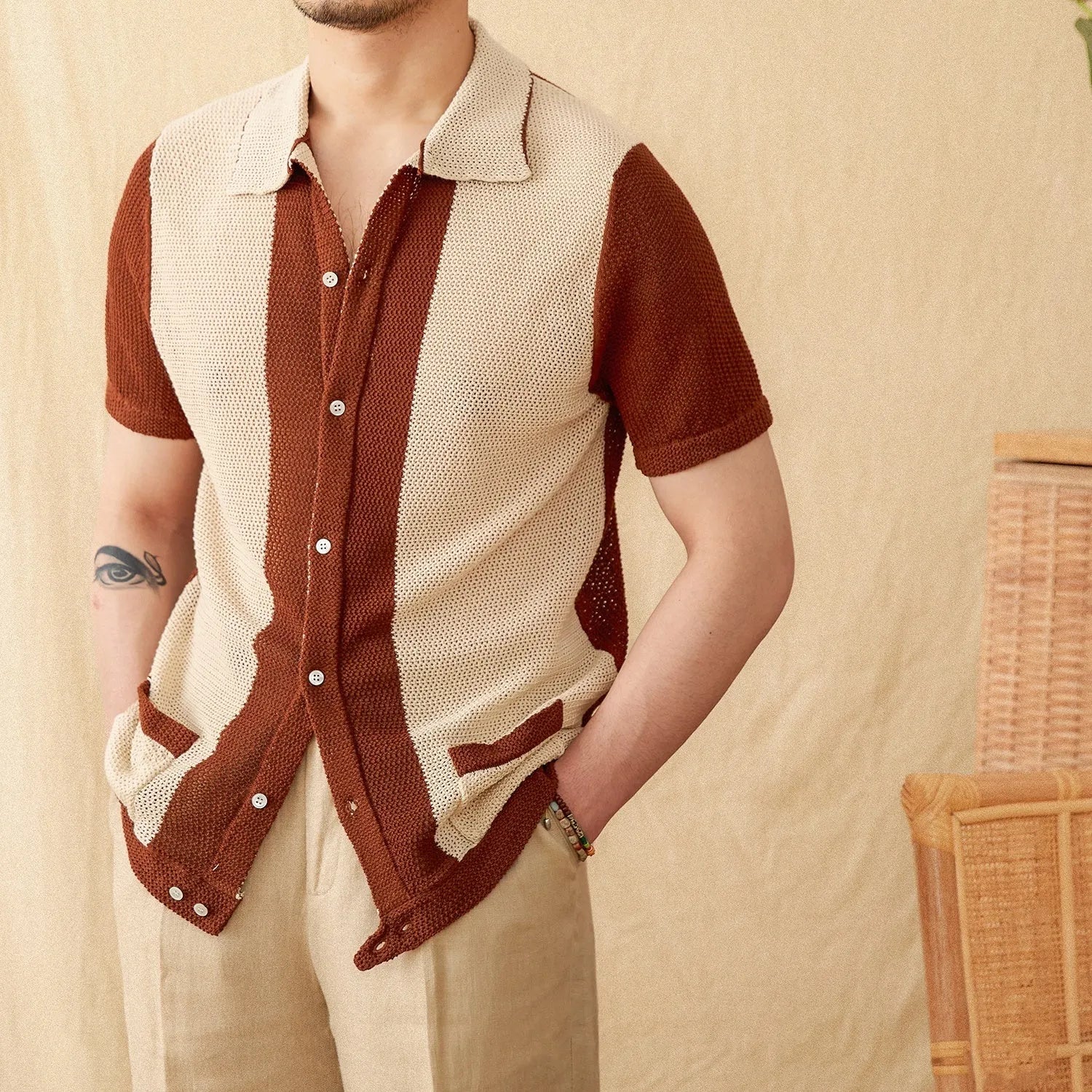 Beige lapel collar short sleeve cardigan made from cotton linen blend fabric