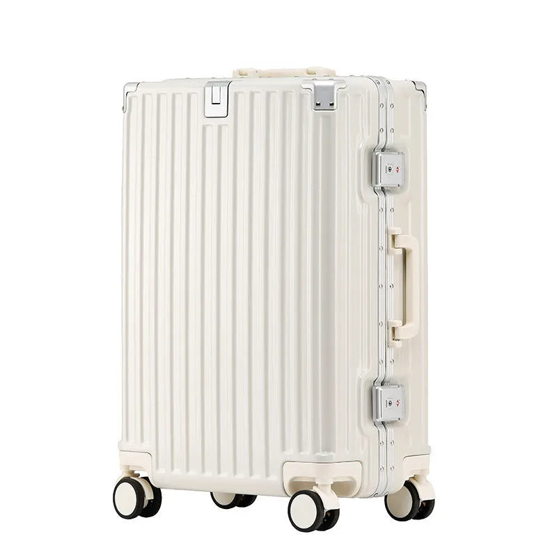 Aluminium frame ABS PC suitcase in avocado green colour with USB port and universal wheels.