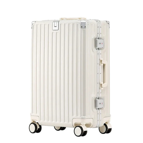 Aluminium frame ABS PC suitcase in avocado green colour with USB port and universal wheels.