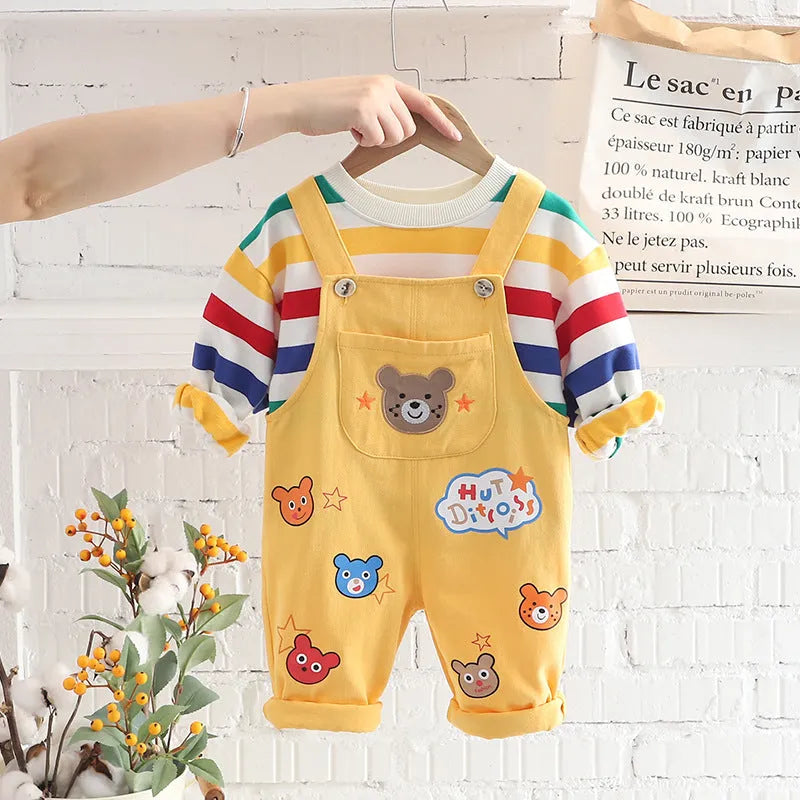 Boys' plaid cotton top overalls suit in beige with strap pants, suitable for 80-120cm height