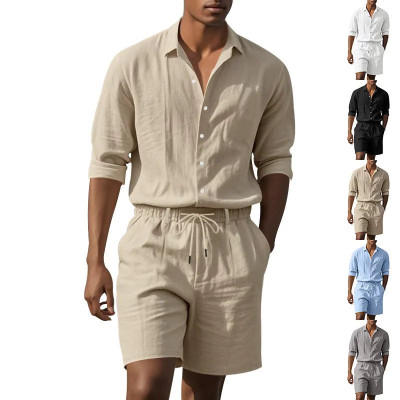 Men's linen shorts suit set showing long sleeve shirt and casual shorts in a light colour